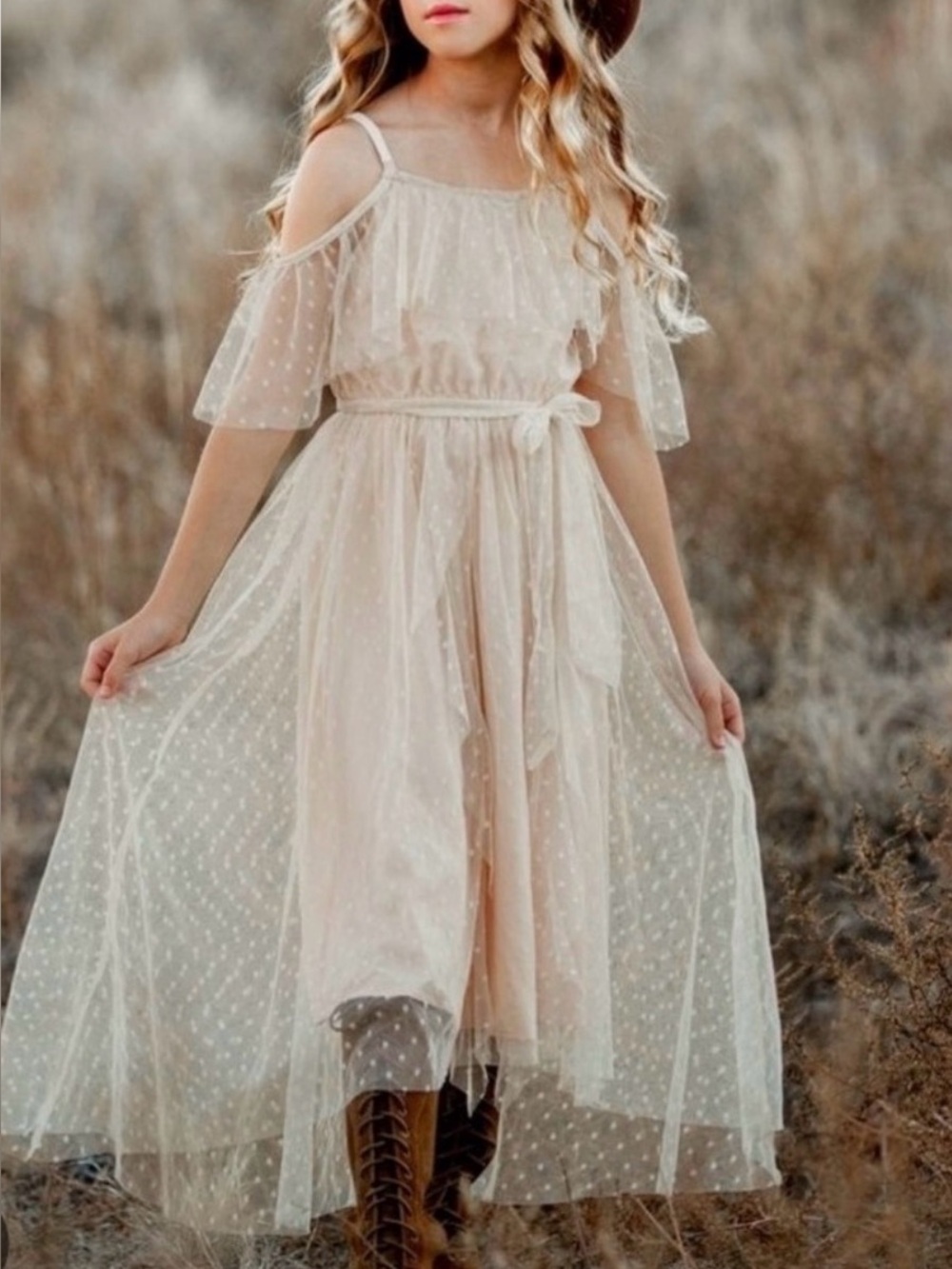 NWT Joyfolie Girls' Lauryl Cold-Shoulder Tulle Dress with Belt - size 7